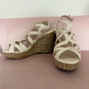 Jennifer Lopez Caged Cream Wedge Sandal.
